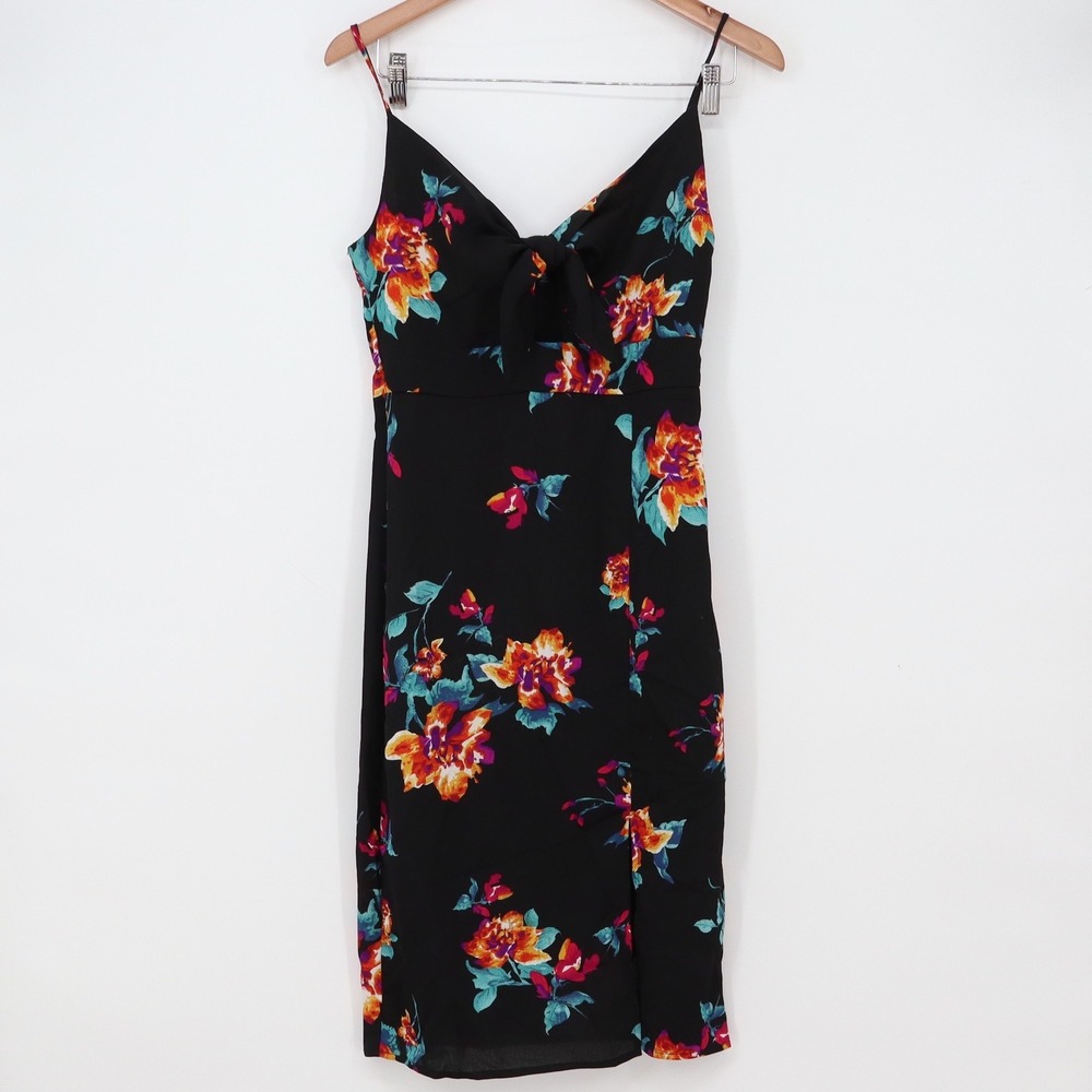 One Clothing Midi Dress Women's S Black Floral Tie Front Slit